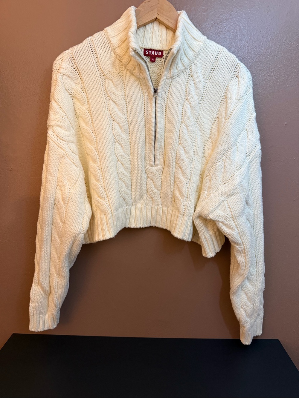 STAUD Women’s Ivory Cable-Knit 1/4 Zip Mock Neck Pullover Sweater M - Picture 5 of 11